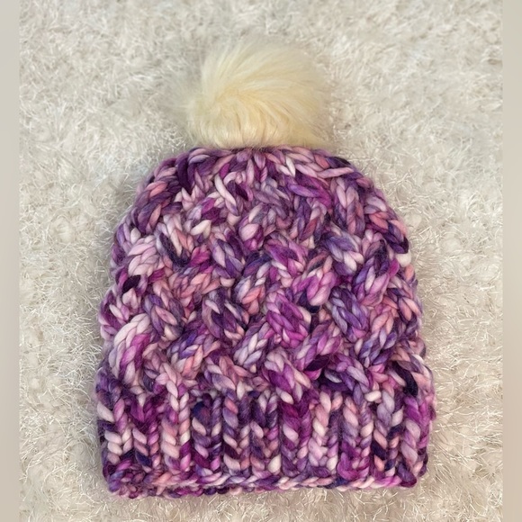 Hand Crafted Accessories - Hand Crafted 100%Merino Wool Cable Knit Hat small adult/teen blueberry cream